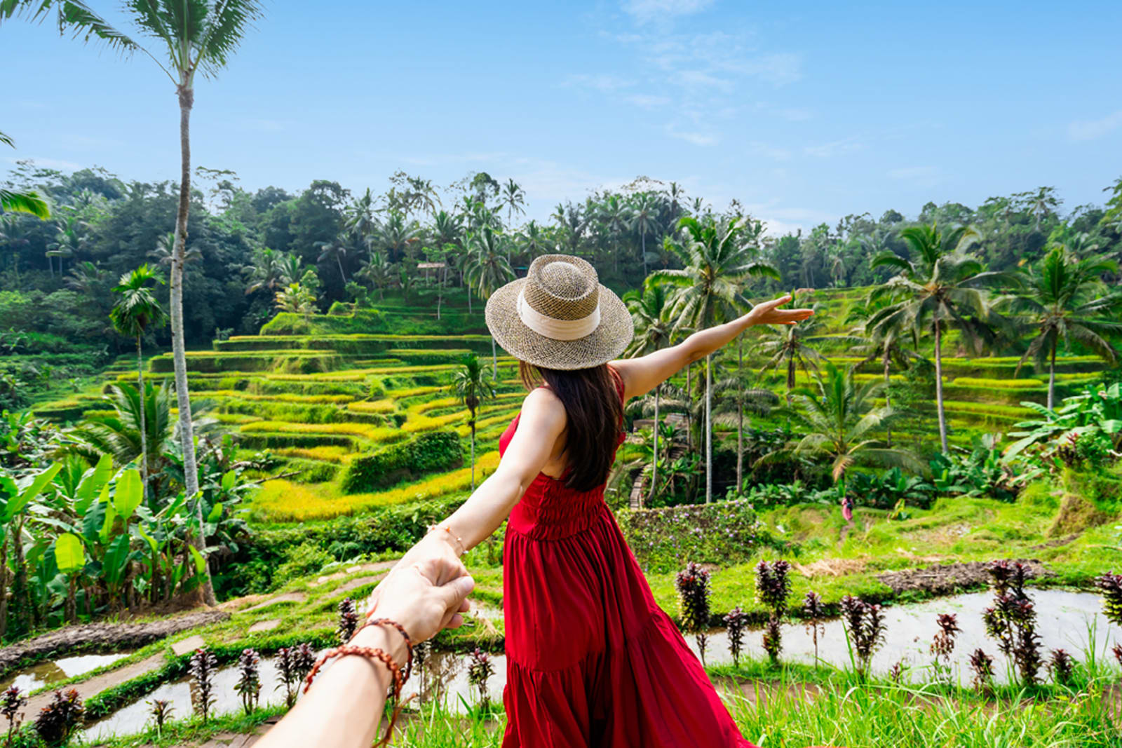 Woman overlooking rice paddies in Bali; she's holding her partner's hand