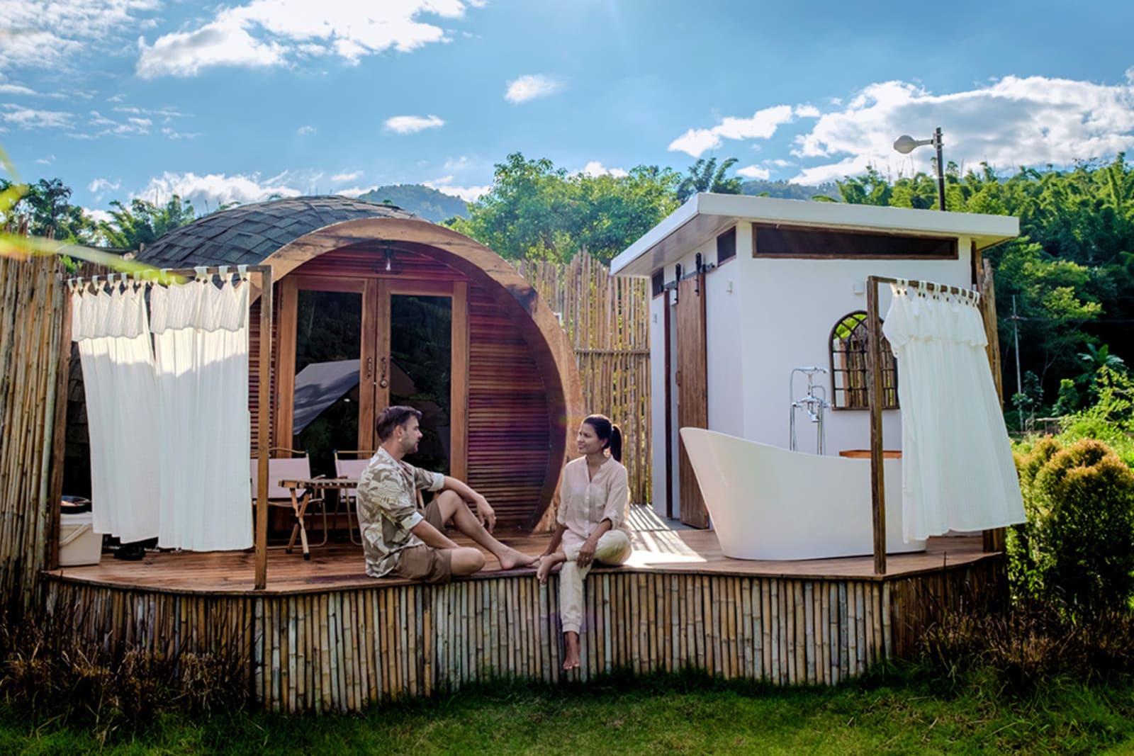 Travellers relaxing at an eco-lodge