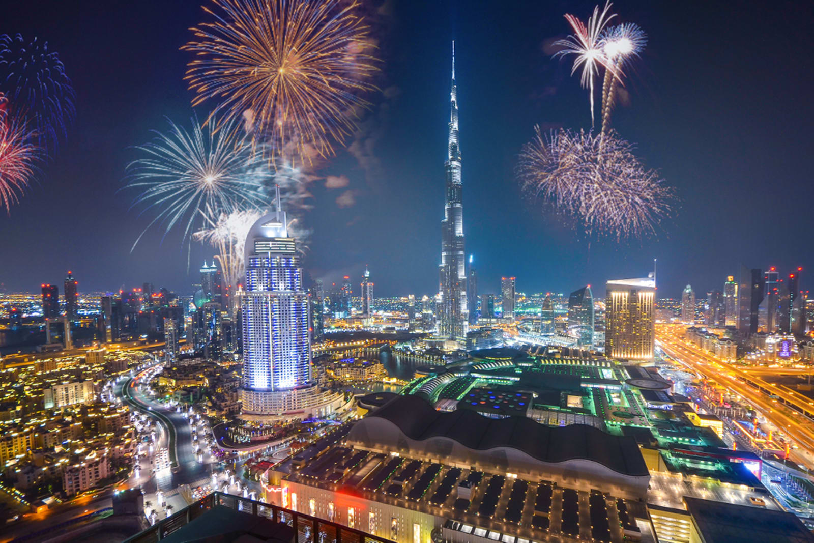 A fireworks display over the city of Dubai