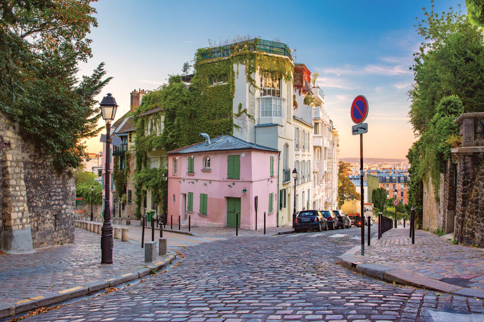 Ivy-clad buildings on a cobblestone street in Montmartre, Paris