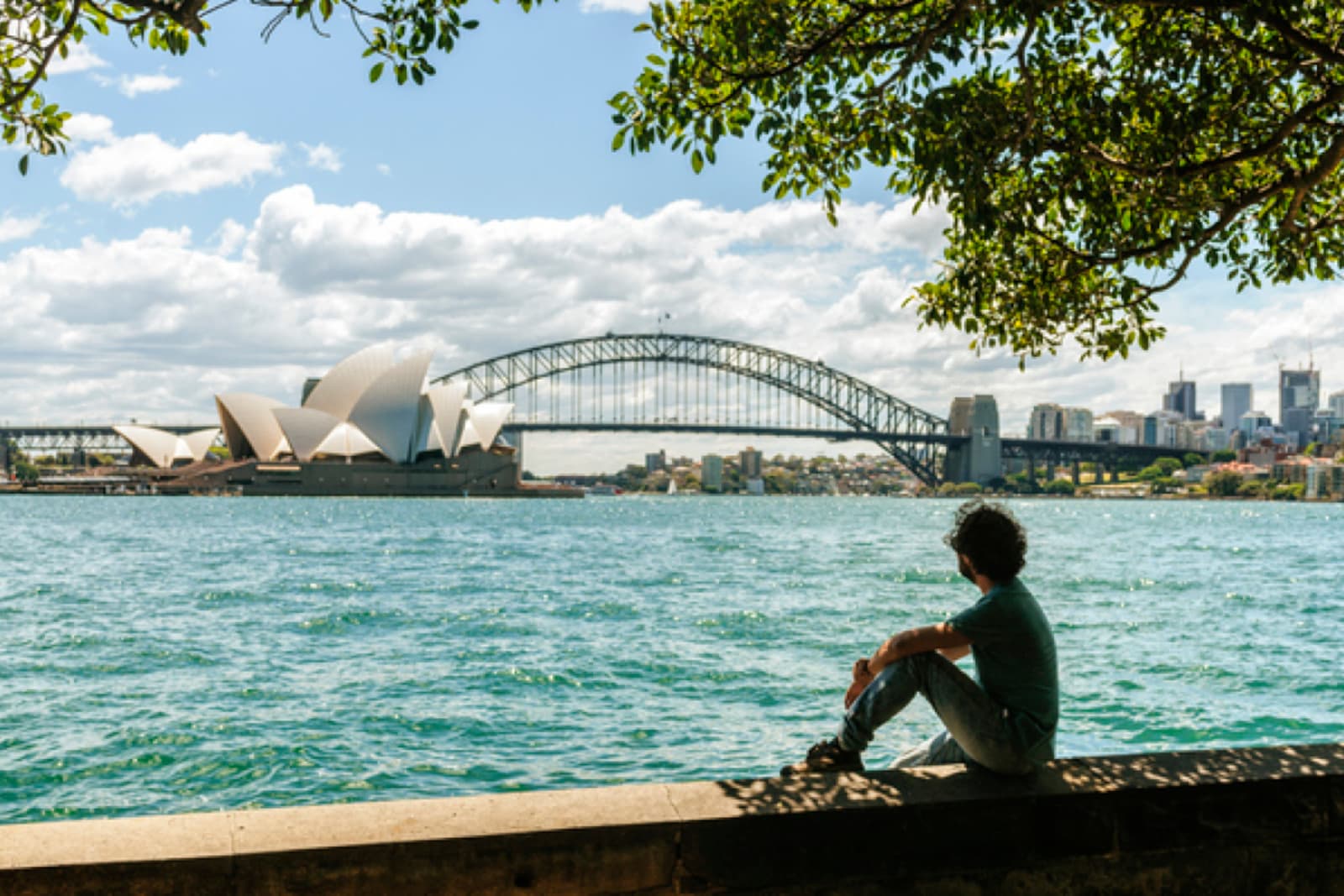 A traveller taking in a view of the Sydney Harbour