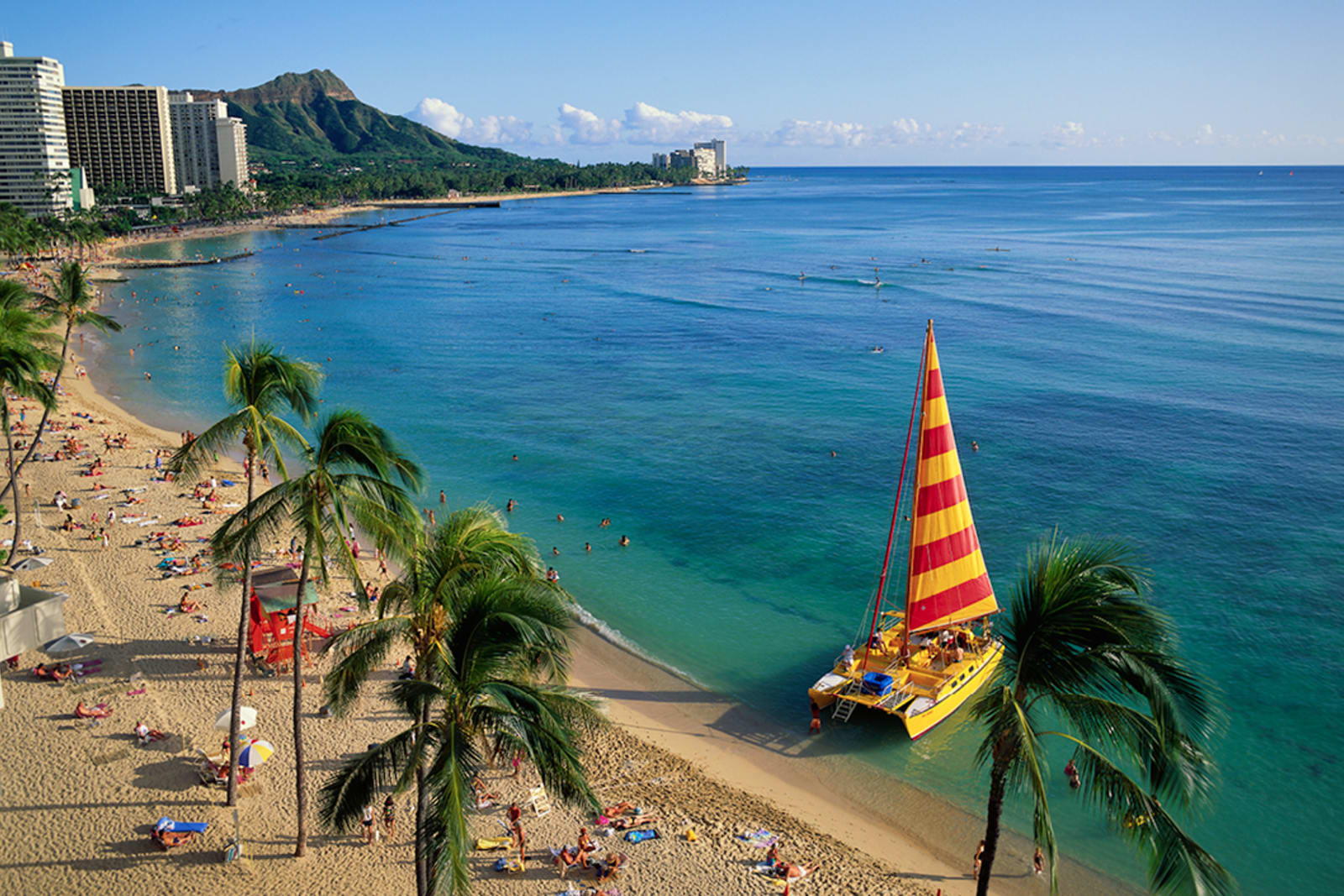 Waikiki Beach is a famous spot for surfing and other water sports