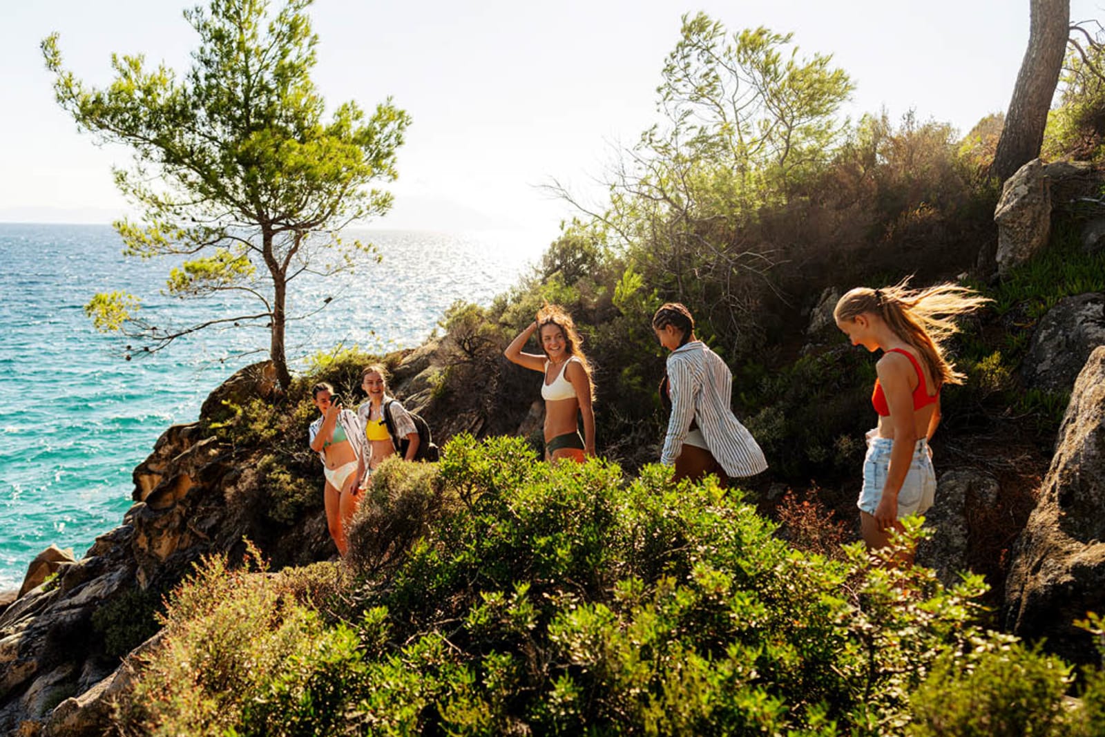 Friends on a group trip hiking