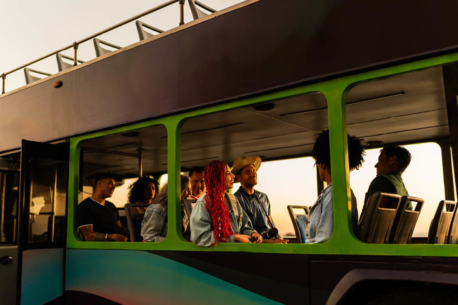 Group on a tour bus in a desert location