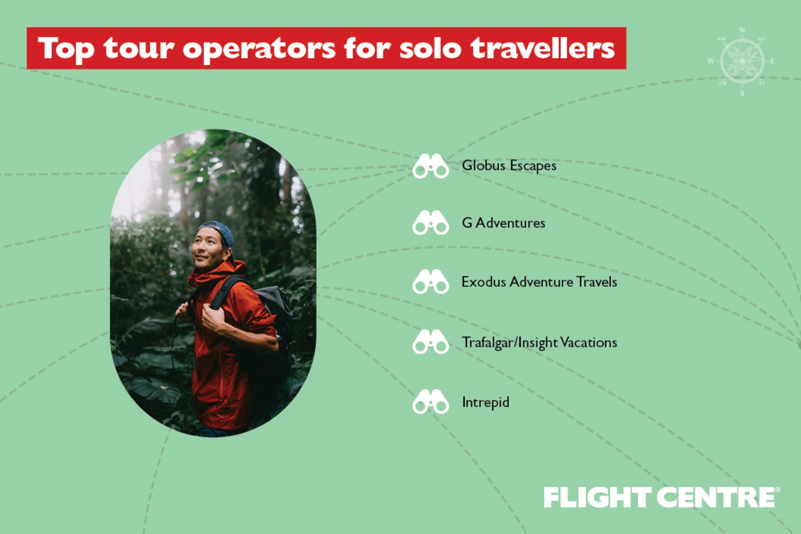 Globus Escapes, G Adventures, Exodus Adventure Travels, Trafalgar/Insight Vacations and Intrepid are among the top tour operators for solo travellers