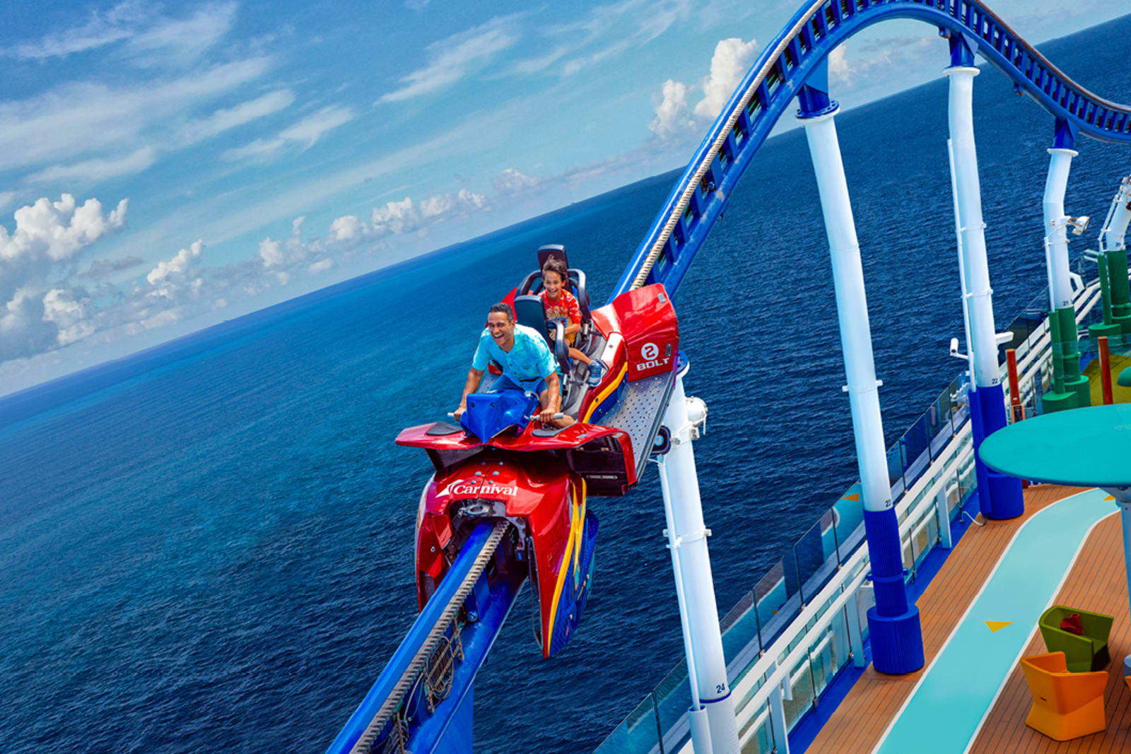 Passengers on the BOLT roller coaster aboard a Carnival Cruise Line ship