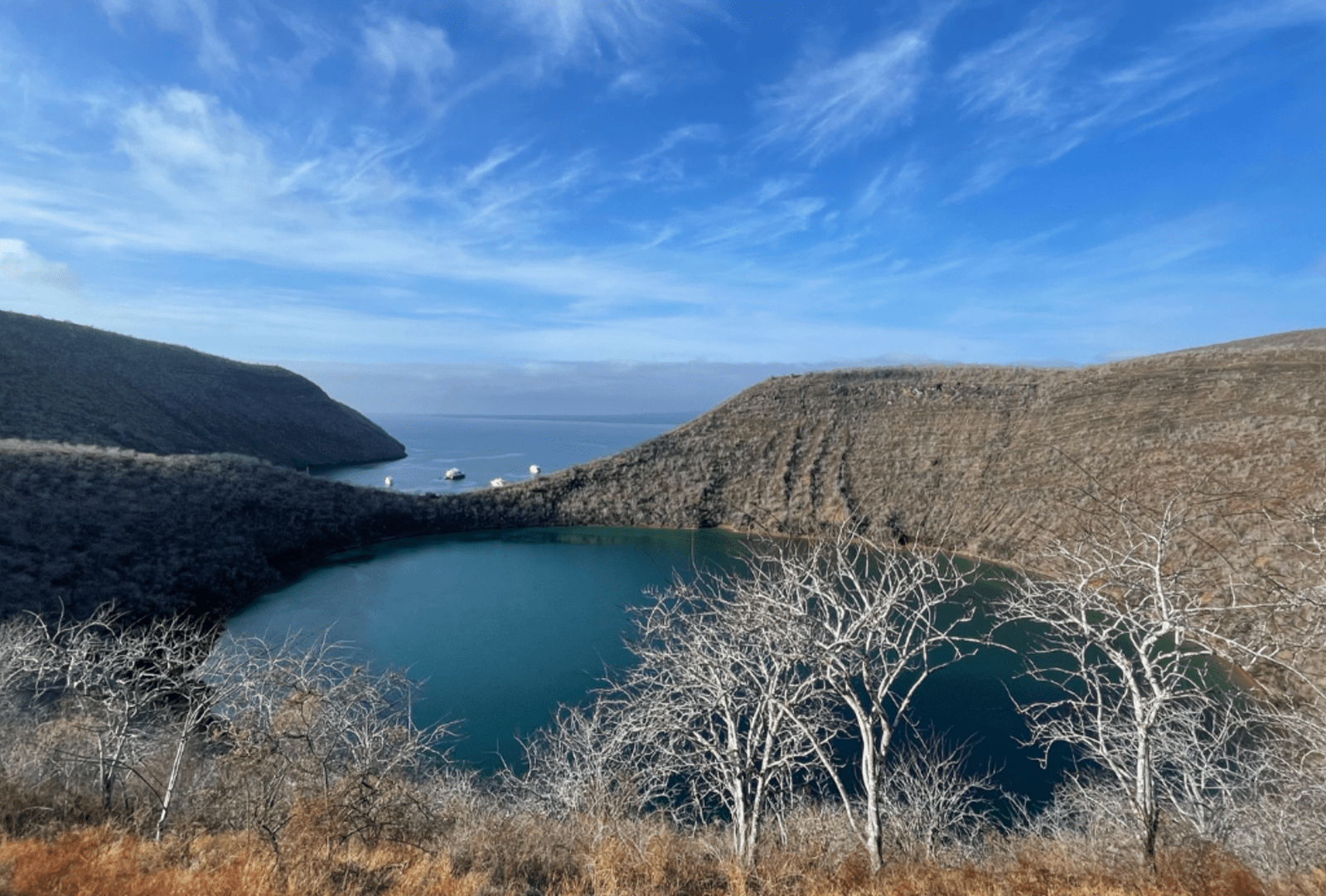 The view over a lake on the Galapagos Islands.
