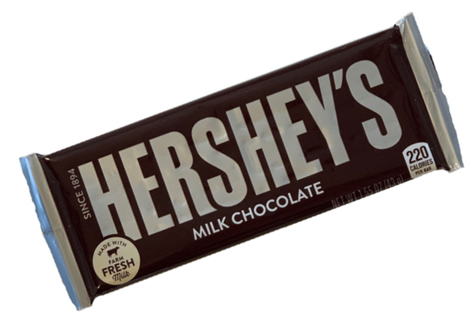 A Hershey's chocolate bar in its wrapper