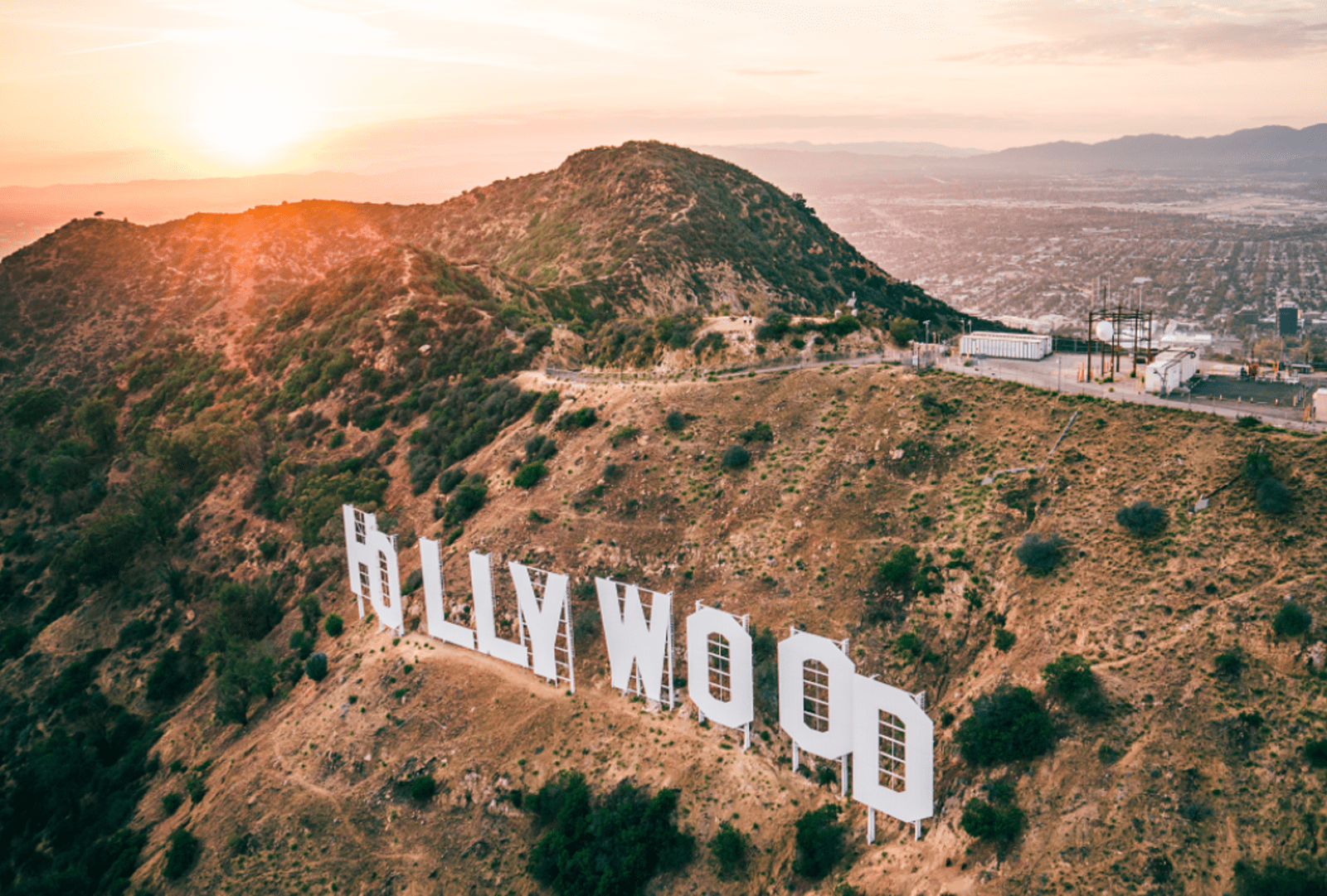 Drone's view of the Hollywood sign at sunset