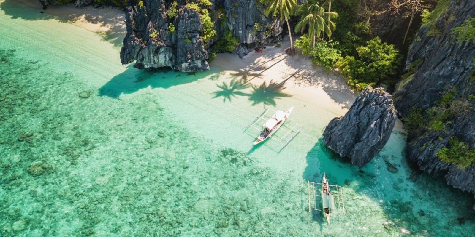 Boats parked on a white sand beach surrounded by lush forest