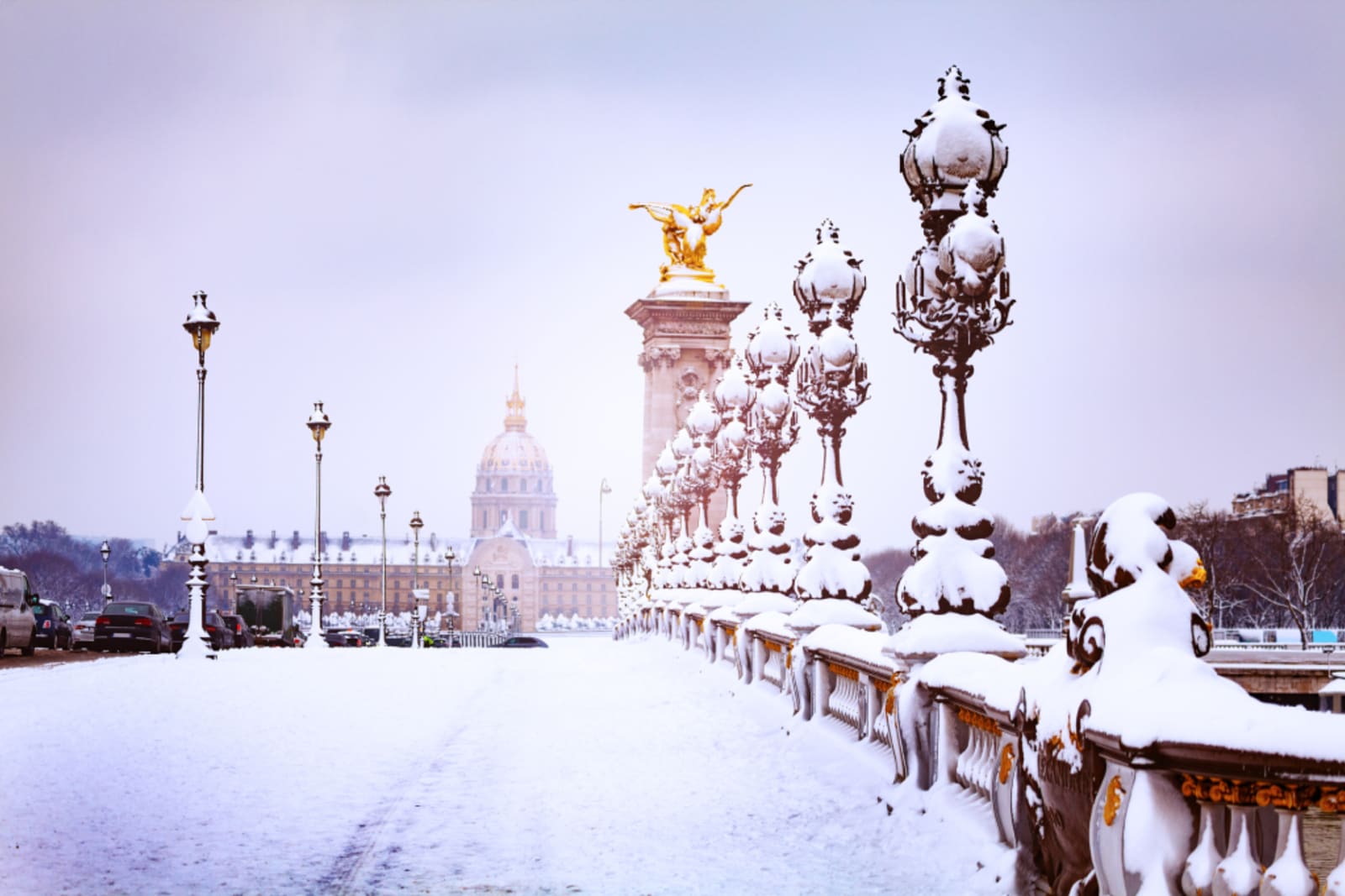 Paris, Bridge Pont Alexandre III in winter, snow, France