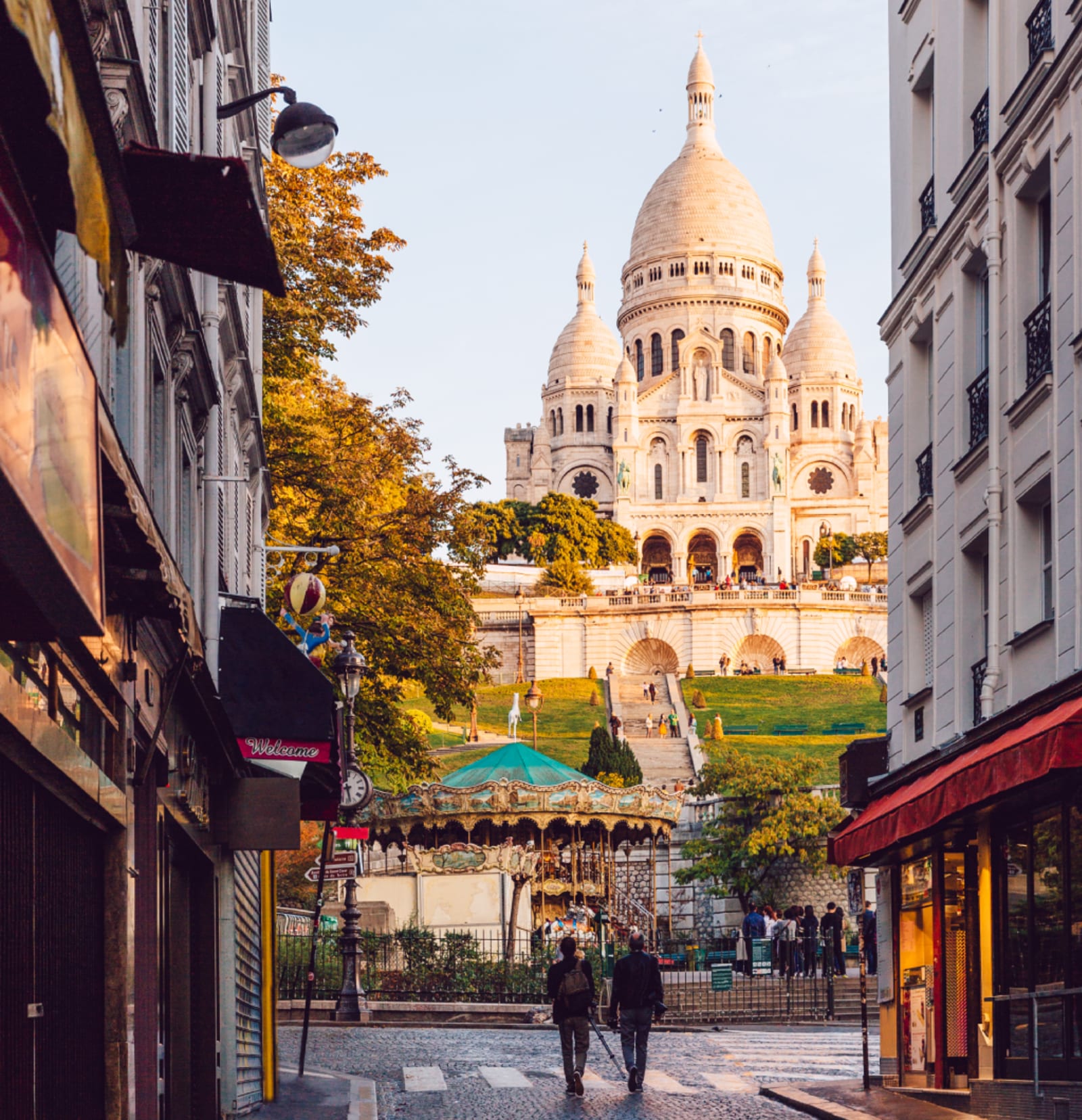 Streets of Montmartre and Sacre-Coeur Basilica on the hill, Paris, France