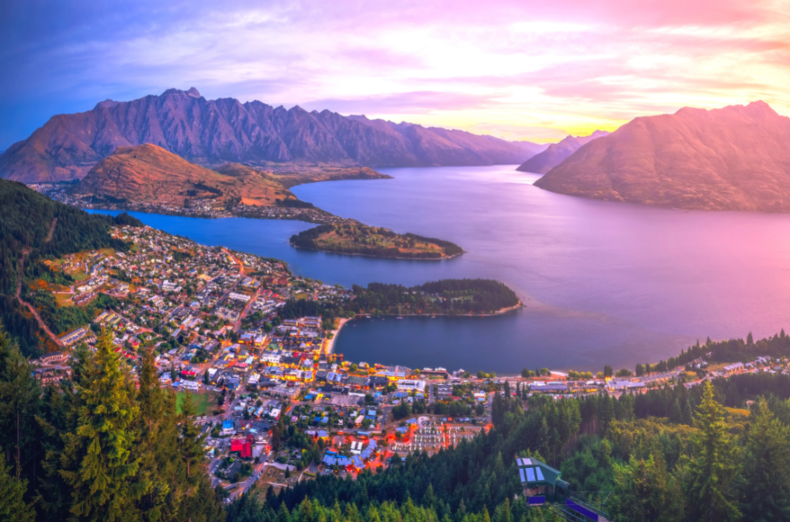Aerial view over Queenstown at sunset
