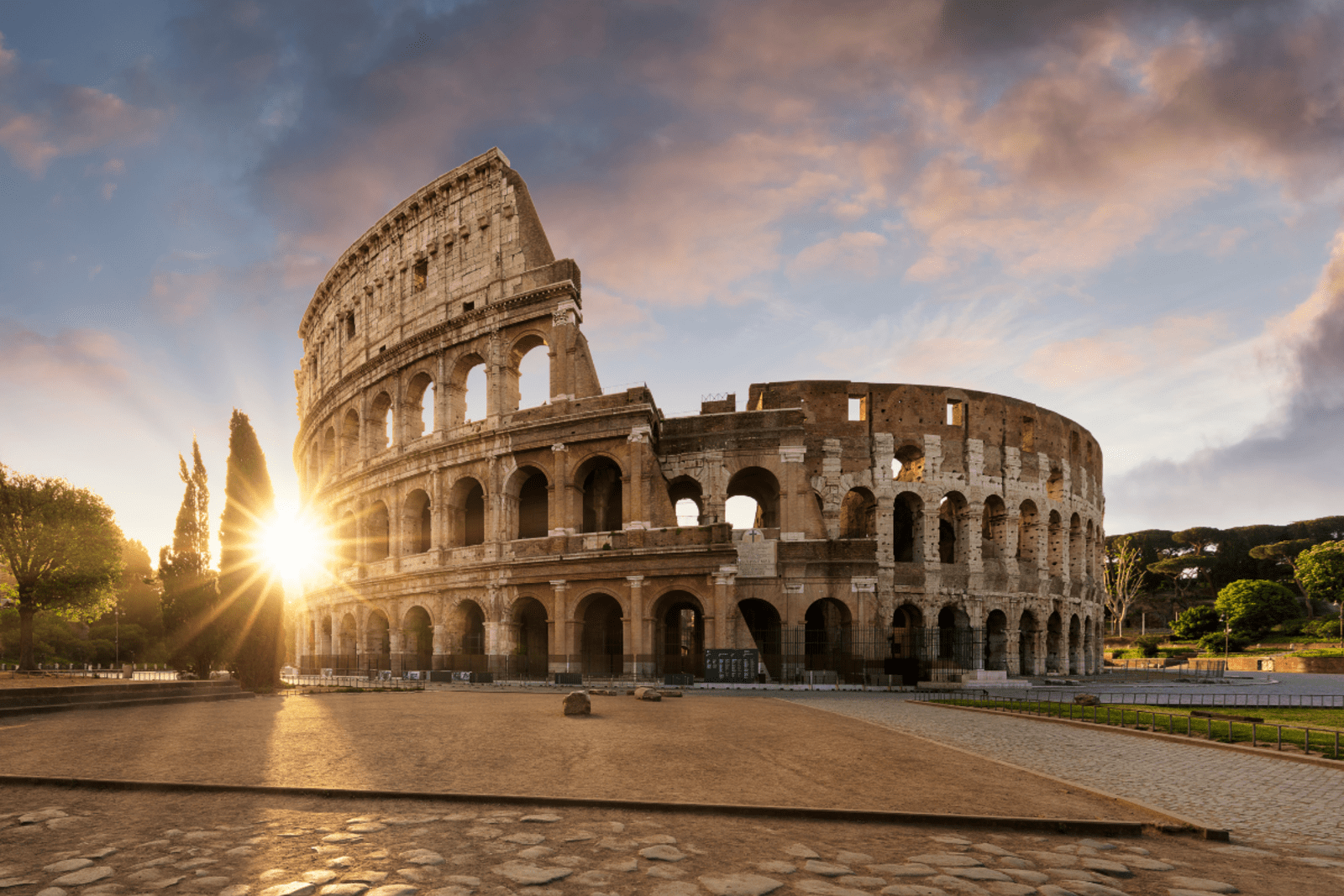 Sunlight through trees by the Colosseum