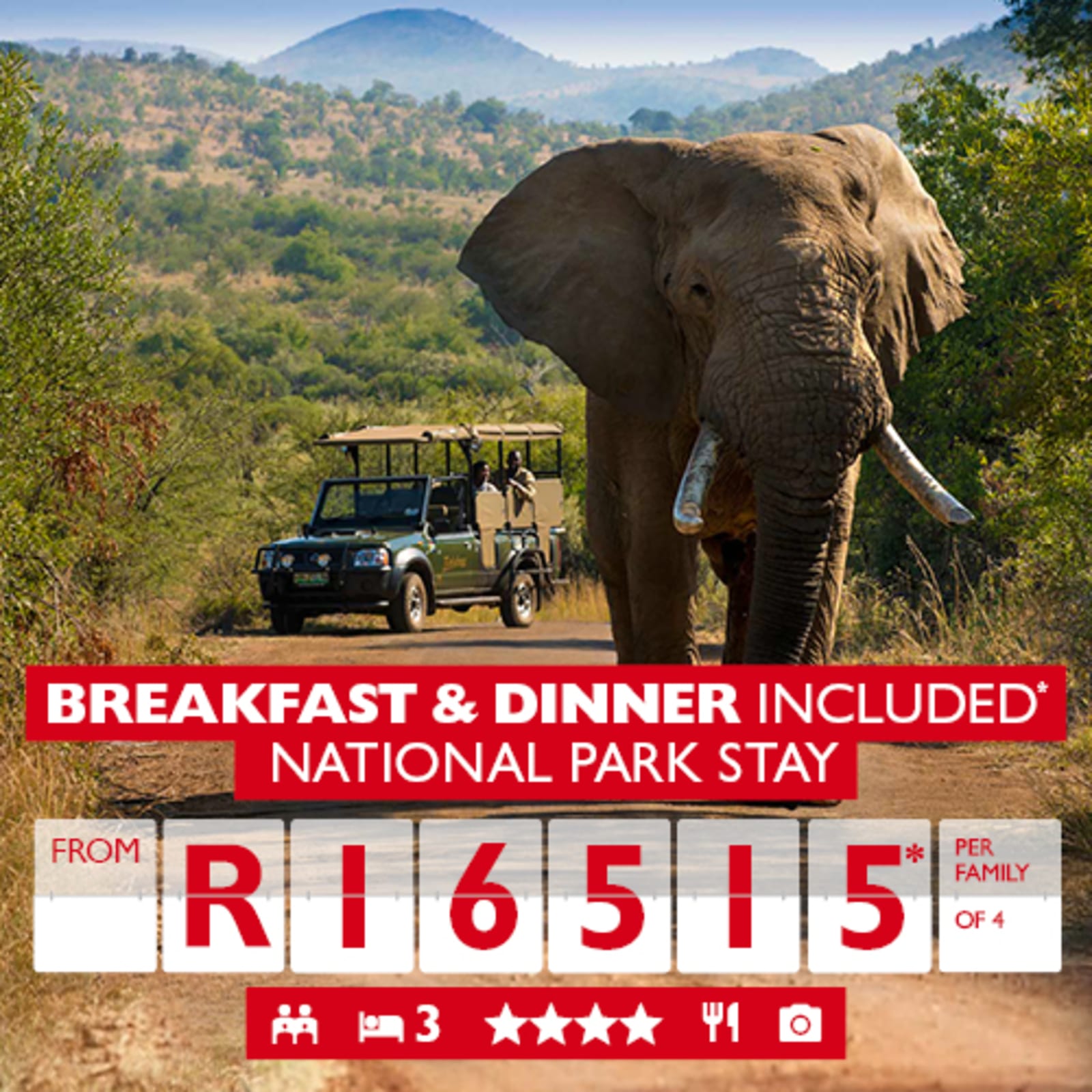 Breakfast & dinner included* National Park Stay from R16515* per family of 4