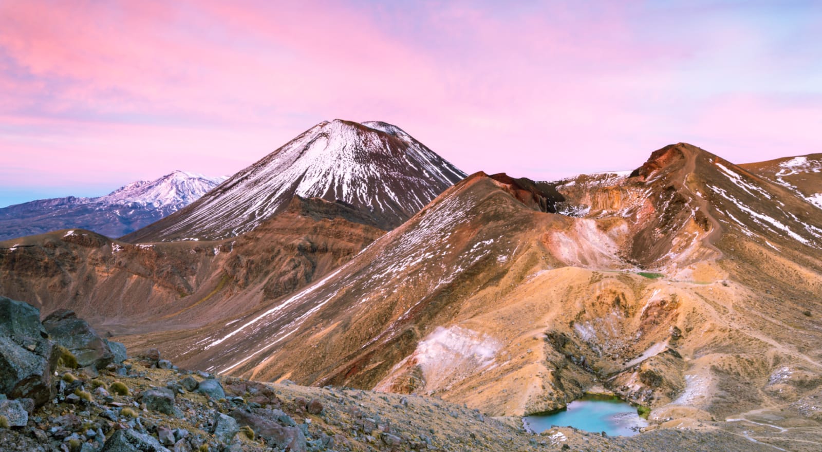 Pink skies over the mountains of Tongariro National Park, New Zealand