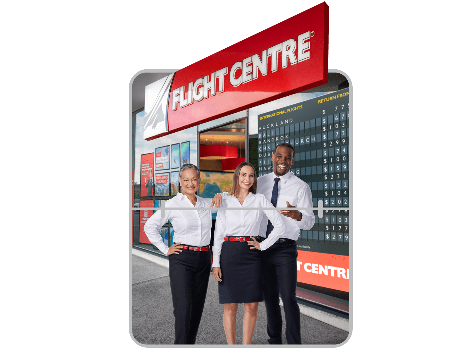 Three Flight Centre staff in front of a store