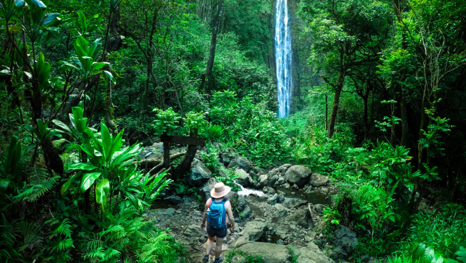 lady with bag and hat walking towards cliff leading to waterfall