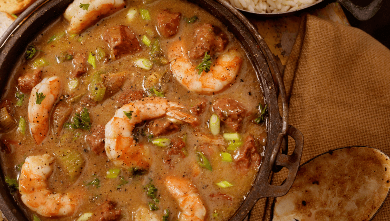 Bowl of Seafood gumbo with lots of shrimp 