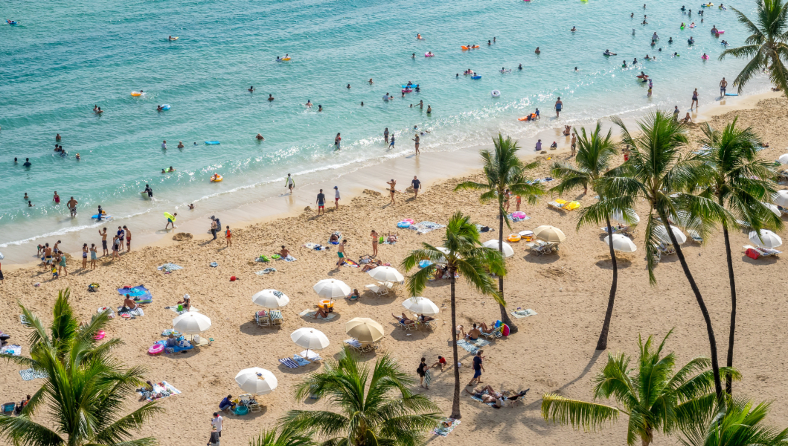 people and beach umbrellas on Waikiki Beach Hawai'i