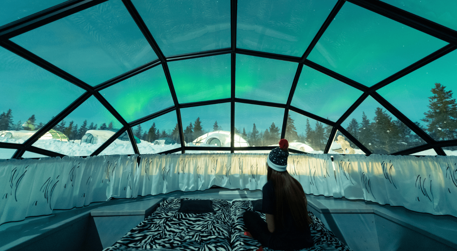 Lady sitting in glass igloo looking at Northern Lights