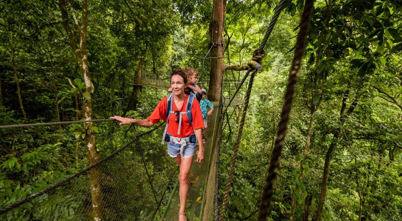 family walking on suspended trail in forest