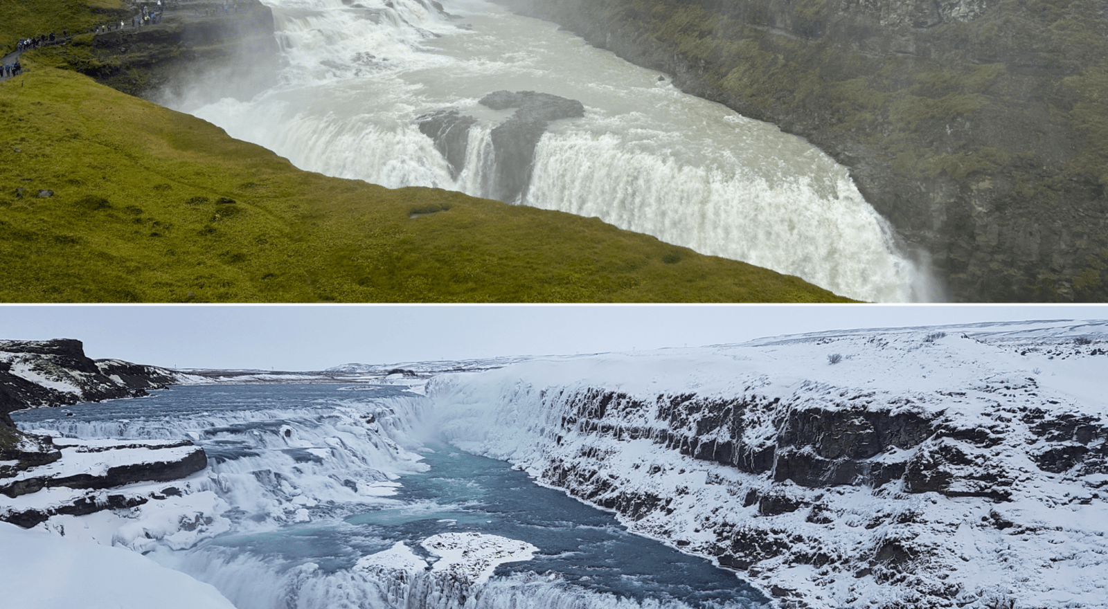 waterfall in iceland in summer versus in winter