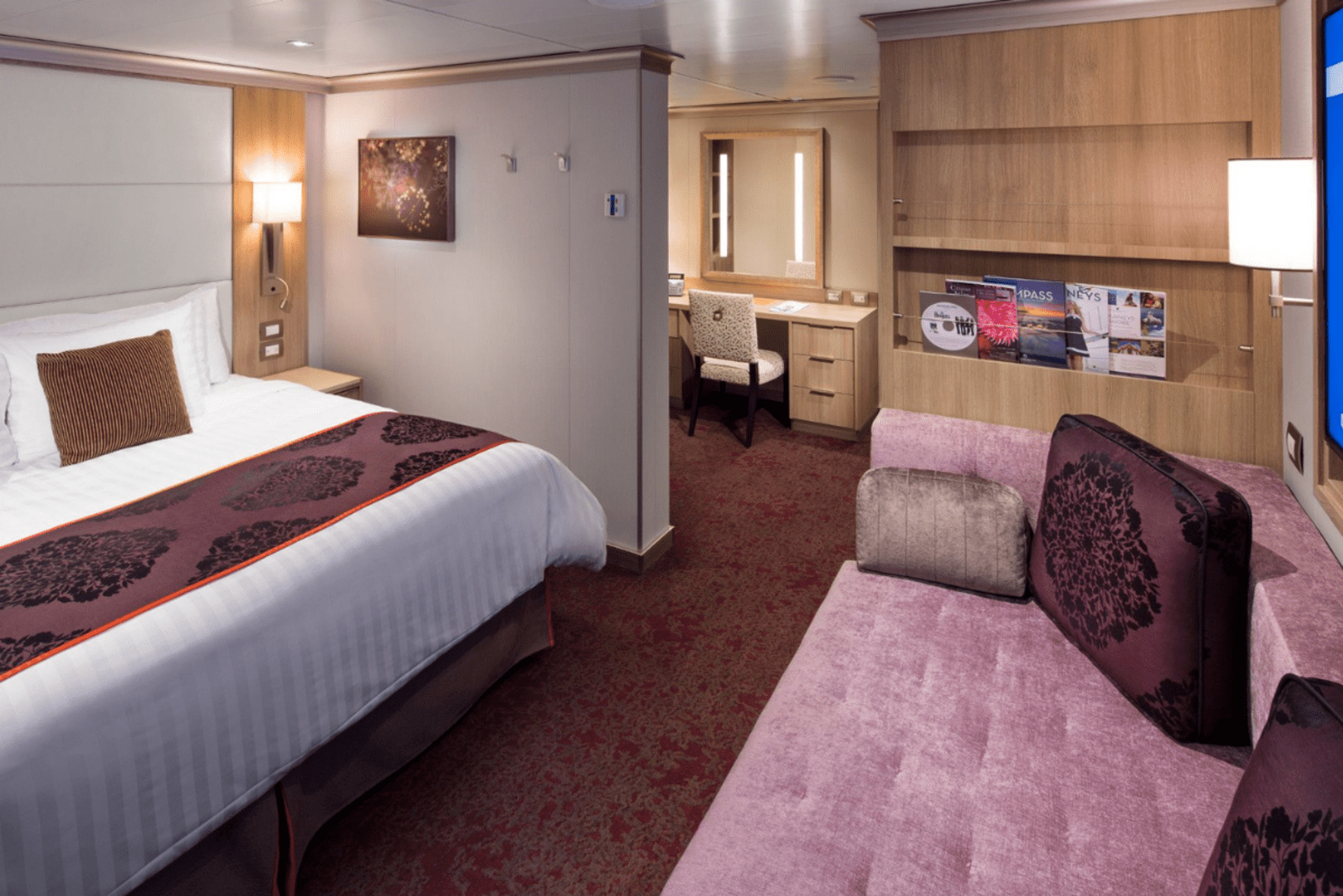 Interior view of an inside stateroom on a cruise ship