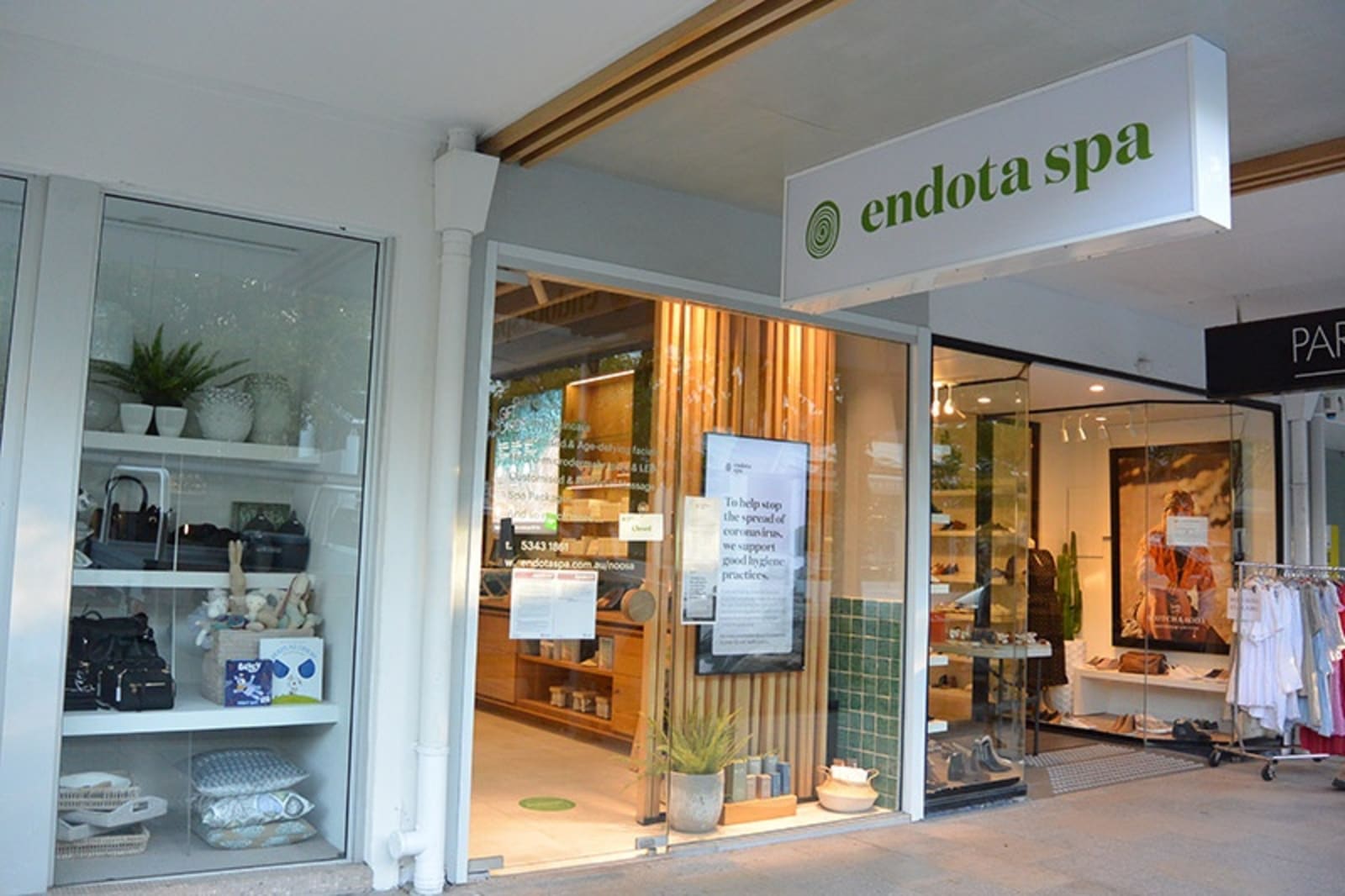 A store with a sign out the front that says endota spa