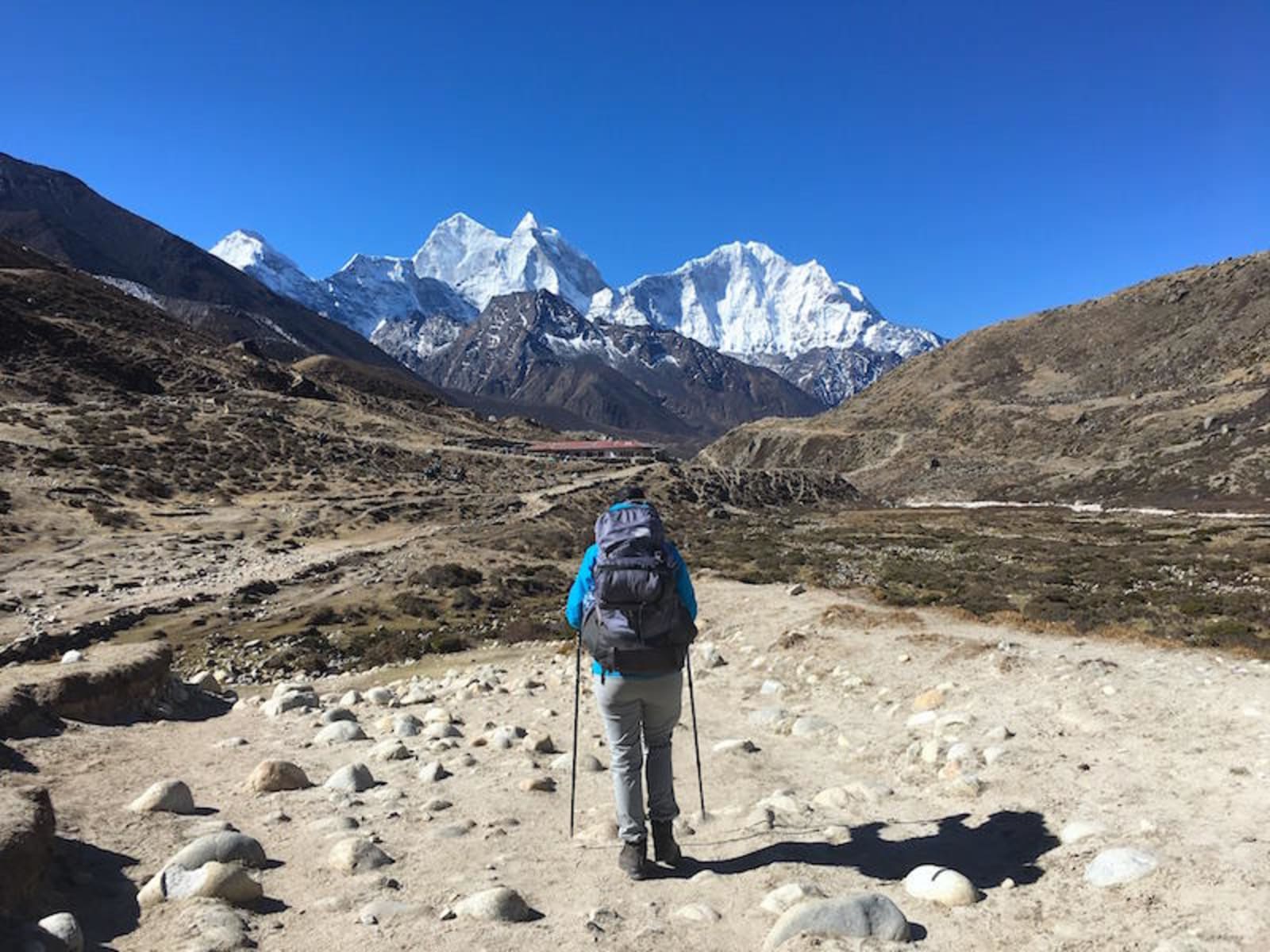 Hiker staring up at Mount Everest on a clear day