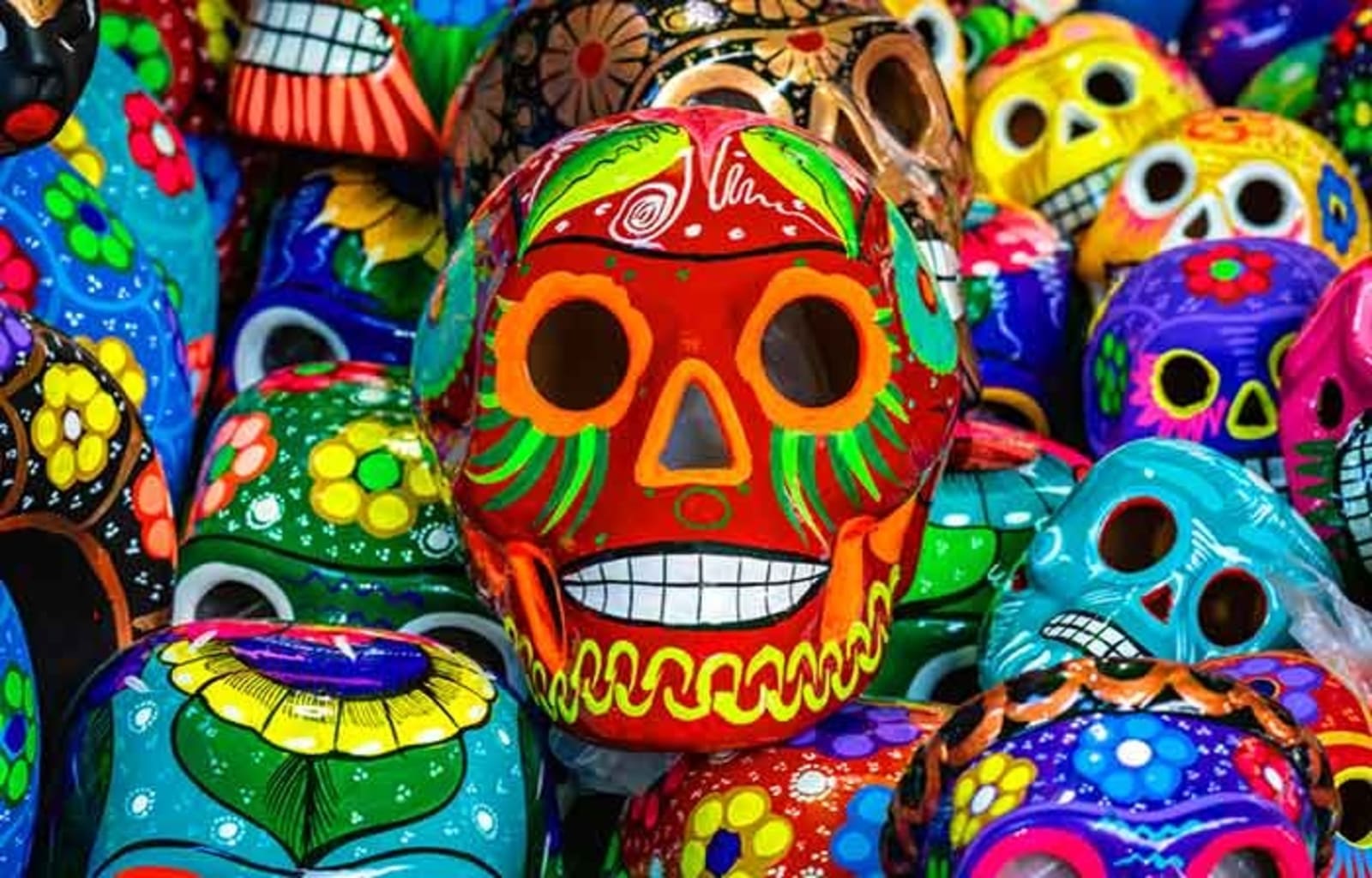 An assortment of Mexican painted skulls