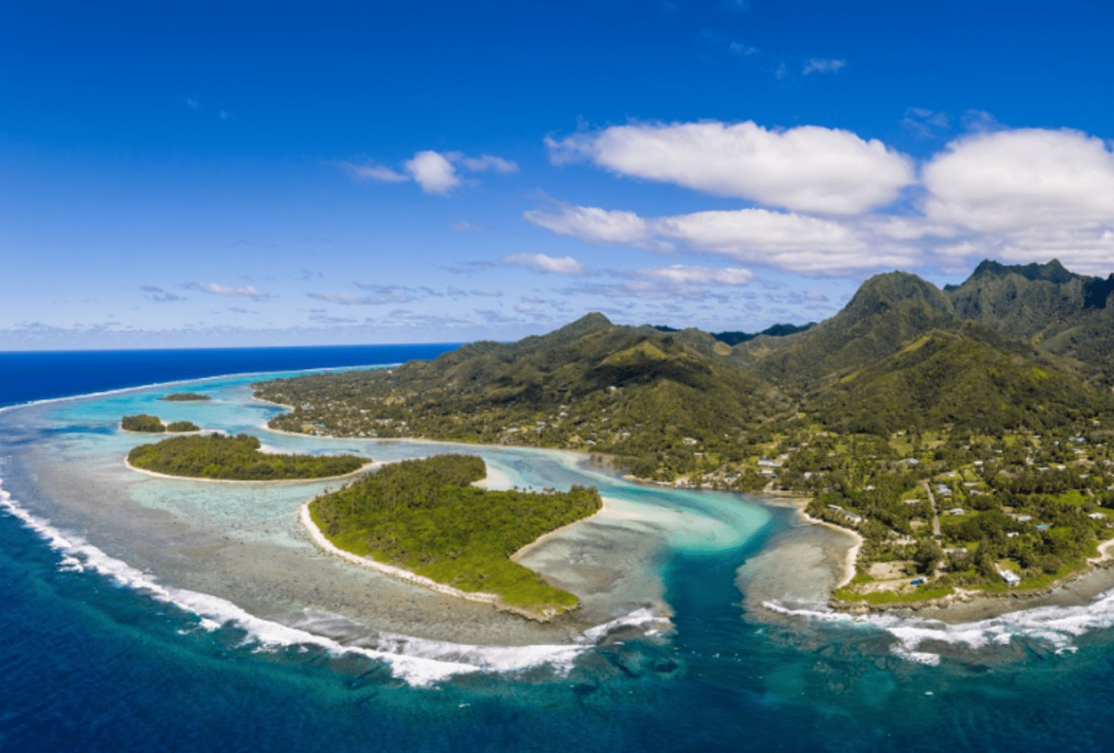 Aerial view of the Muri beach and lagoon, in Rarotonga in the Cook Islands