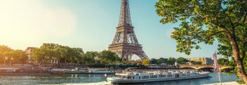 Eiffel tower in background and riverboat and tree in foreground