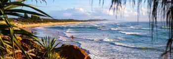 Distant shot of people swimming and surfing in the ocean