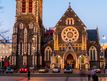 Cathedral at dusk with street lighting in Christchurch