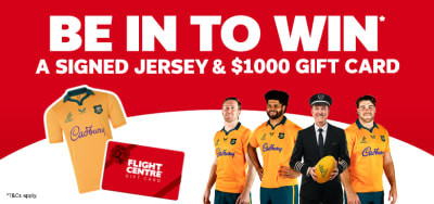 Flight Centre captain and Wallabies rugby players advertising a competition to win a signed jersey and a $1,000 gift card