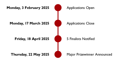 Monday 3 February 2025 | Applications Open. Monday 17 March 2025 | Applications Close. Friday 18 April | 5 Finalists Notified. Thursday 22 May 2025 | Major Prizewinner Announced