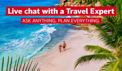 Live chat with a Travel Expert - ask anything, plan everything | Two people standing hand in hand looking out at the ocean, framed by palm trees