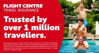 Three people stacked on top of each other in a pool featuring Flight Centre Travel Insurance trusted by over 1 million travellers