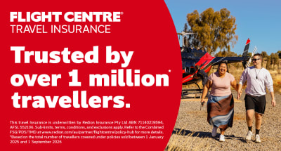 Couple walking away from a helicopter in the safari featuring Flight Centre Travel Insurance trusted by over 1 million travellers