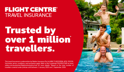Three people stacked on top of each other in a pool featuring Flight Centre Travel Insurance trusted by over 1 million travellers