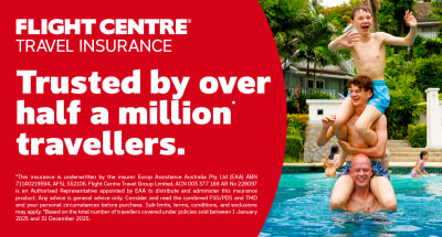 Three people stacked on top of each other in a pool promoting Flight Centre Travel Insurance trusted by over half a million travellers
