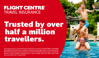 Flight Centre Travel Insurance | Trusted by over half a million* travellers. | This travel insurance is underwritten by Europe Assistance Australia Pty Ltd (EAA) ABN 71140219594, ASFSL 552106. Sub-limits, terms, conditions, and exclusions may apply. Refer to the Combined FSG/PDS/TMD at http://www.europe-assistance.com/au/partner/flightcentre/policy-hub for more details. *Based on Europe Assistance Australia data for cases managed under the Flight Centre Travel Insurance brand since 1 January 2025.