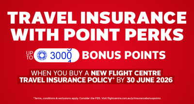 Travel insurance offer featuring up to 3000 bonus World360 Rewards points when buying a new Flight Centre Travel Insurance policy by 30 June 2026