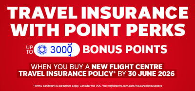 Travel insurance offer featuring up to 3000 bonus World360 Rewards points when buying a new Flight Centre Travel Insurance policy by 30 June 2026