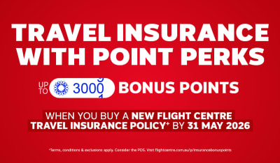 Travel Insurance with point perks - up to 3,000 bonus points when you buy a new Flight Centre Travel Insurance policy* by 31 May 2026 | *Terms, conditions & exclusions apply. Consider the PDS. Visit flightcentre.com.au/p/insurancebonuspoints