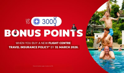 Up to 3000* bonus points | When you buy a new Flight Centre Travel Insurance policy* by 31 March 2026 | *Terms & conditions apply. Consider the PDS.