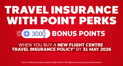 Travel Insurance with point perks - up to 3000 bonus points when you buy a new Flight Centre Travel Insurance policy* by 31 May 2026 | *Terms, conditions & exclusions apply. Consider the PDS. Visit flightcentre.com.au/p/insurancebonuspoints