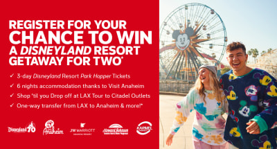 Register for your chance to win a Disneyland resort getaway for two* | 3-day Disneyland Resort Park Hopper Tickets | 6-nights accommodation thanks to Visit Anaheim | Shop 'til you drop at LAX Tour to Citadel Outlets | One-way transfer from LAX to Anaheim & more*
