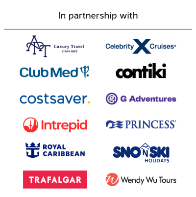 In partnership with | APT luxury travel, Celebrity Cruises, Club Med, Contiki, Costsaver, G-Adventures, Intrepid, Princess, Royal Caribbean, Sno n Ski Holidays, Trafalgar, Wendy Wu Tours